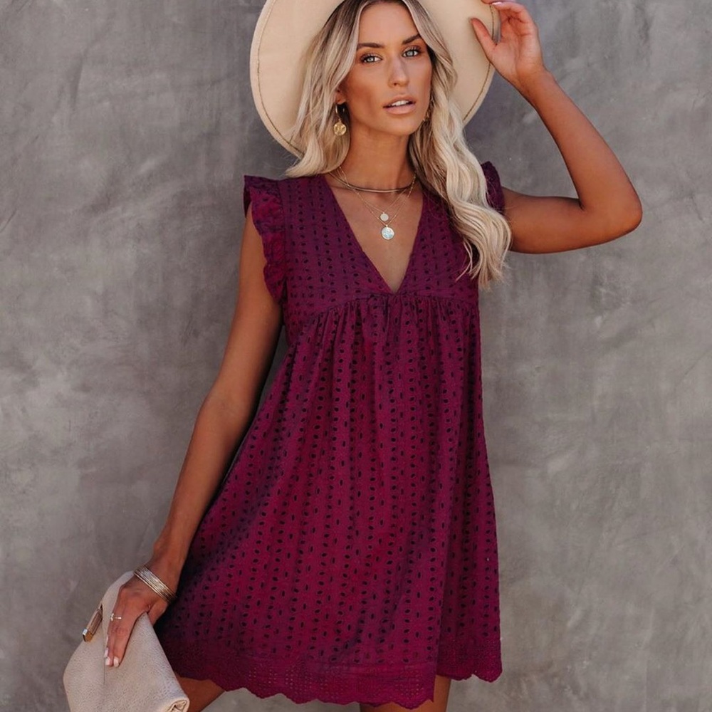 Angel Babe Cotton Eyelet Pocketed Dress - Velvet Rose - VICI